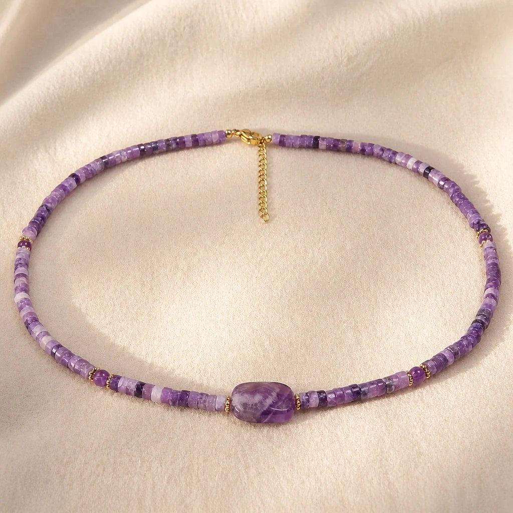 Amethyst Beaded Choker Necklace with Tumbled Stone Focal Point and Adjustable Gold-Tone Chain