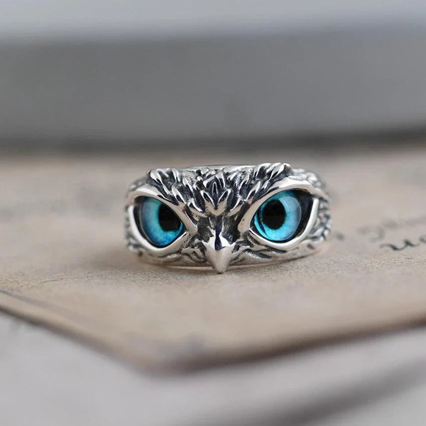 Owl Statement Ring with Turquoise Eyes and Antique Silver Finish — main image