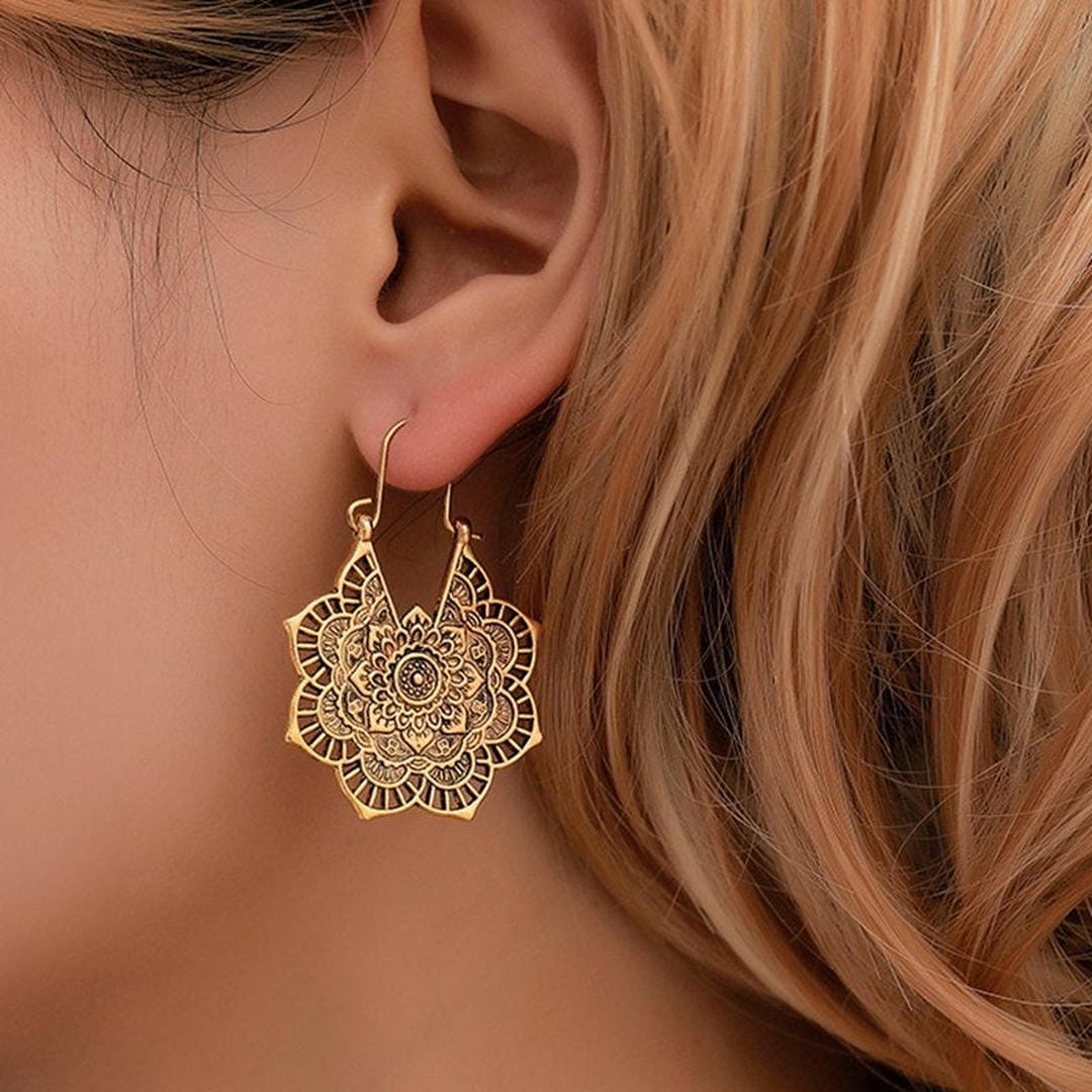 Lotus Mandala Drop Earrings with Layered Petal Design, Gold or Silver Tone — view 4