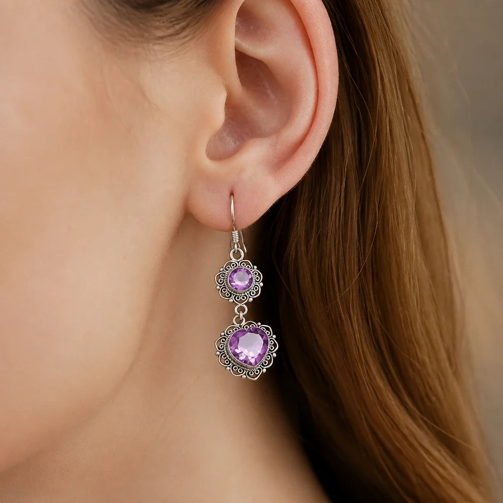 Heart and Round Amethyst Drop Earrings with Filigree Halo Setting