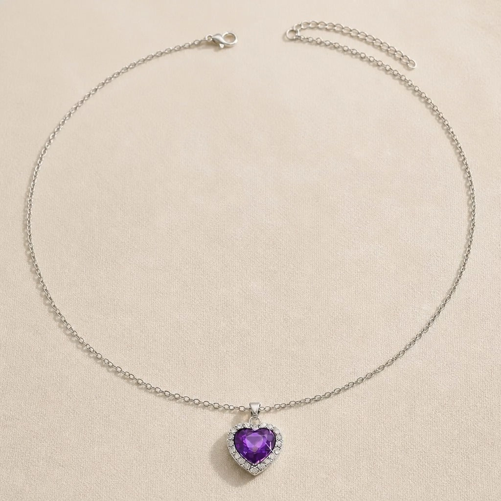 Heart-Shaped Amethyst Halo Pendant Necklace with Silver-Tone Chain
