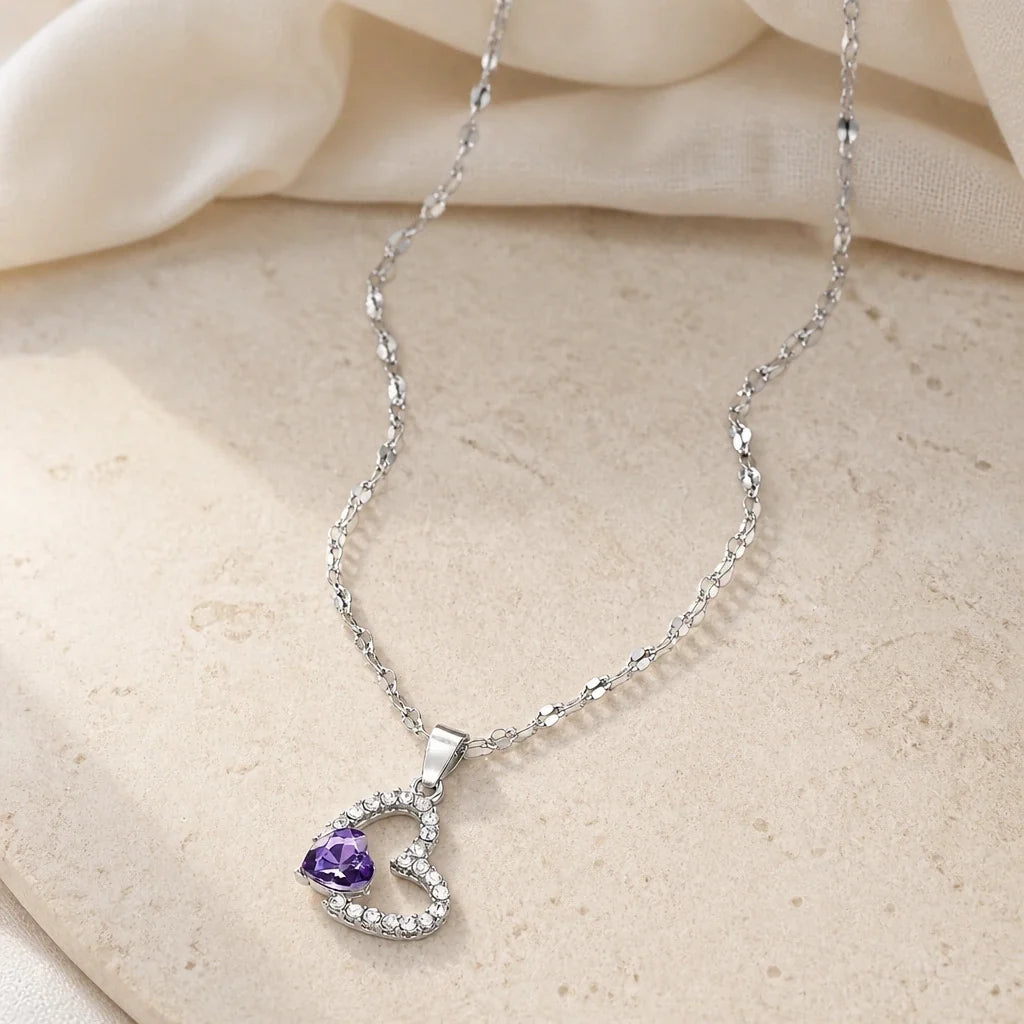 Open Heart Amethyst Pendant Necklace with Zirconia Accents in Silver Tone