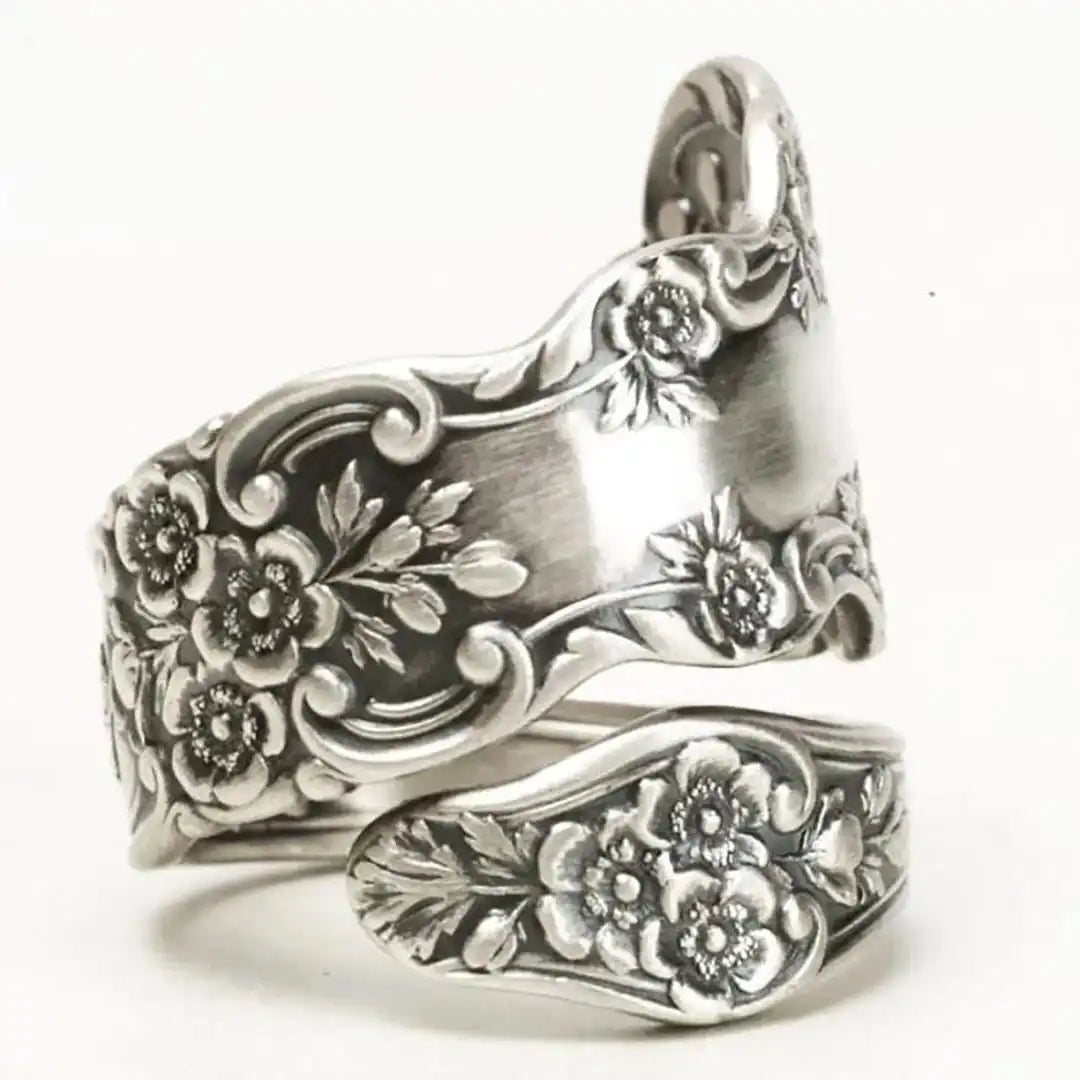 Floral Engraved Silver-Tone Statement Ring with Scrollwork Detail — view 3