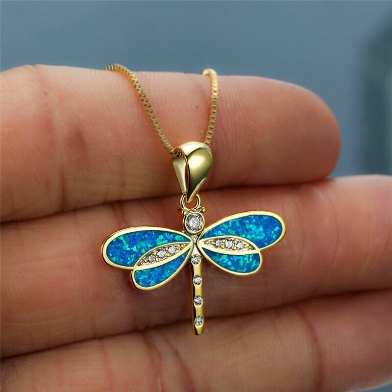 Dragonfly Opal Pendant Necklace with Gold-Tone Chain and Cubic Zirconia Accents — view 4