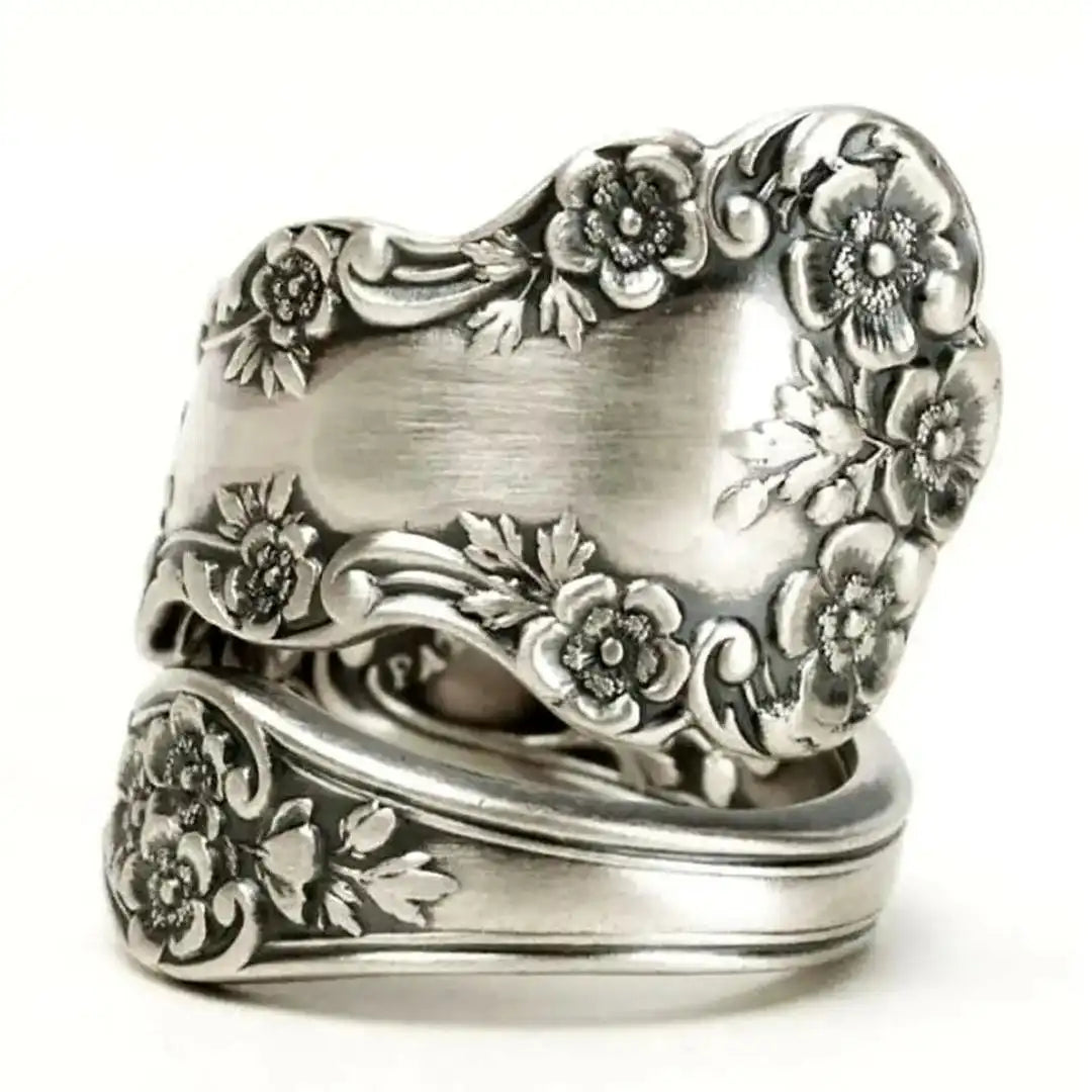 Floral Engraved Silver-Tone Statement Ring with Scrollwork Detail — main image