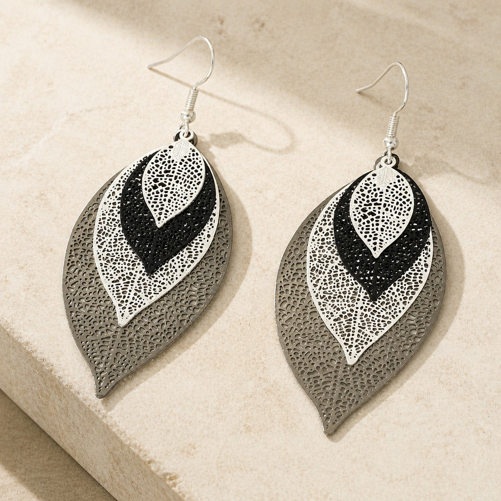 Hollow Layered Leaf Drop Earrings with Gold-Tone Filigree Design — view 4