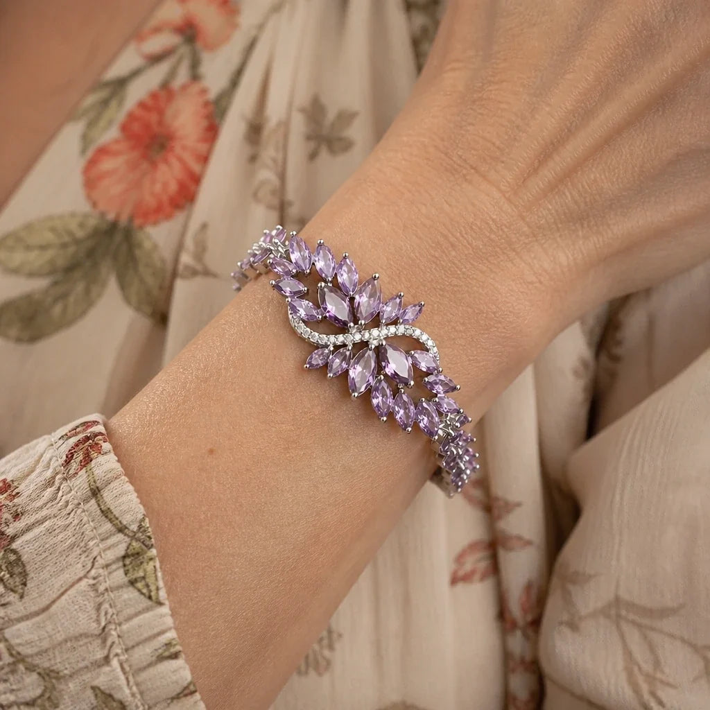 Marquise Amethyst Floral Cluster Tennis Bracelet with Silver-Tone Setting