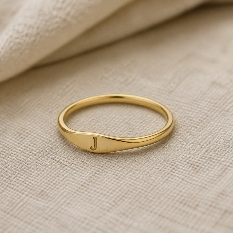 Personalized Initial Letter Signet Ring, Oval Band in Gold Tone — view 10