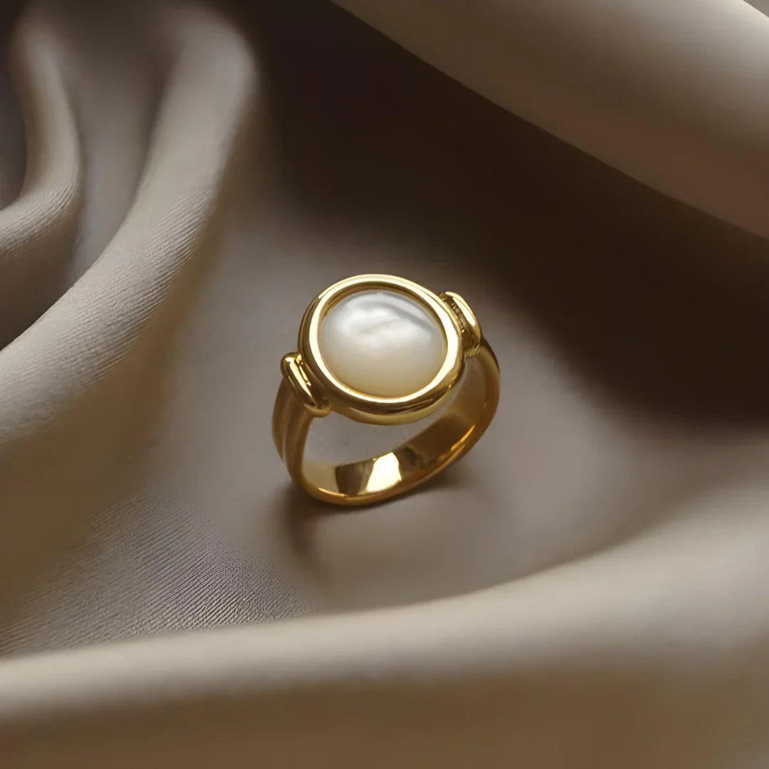 Pearl Cabochon Ring with Bezel Setting on Wide Textured Gold-Tone Band — main image