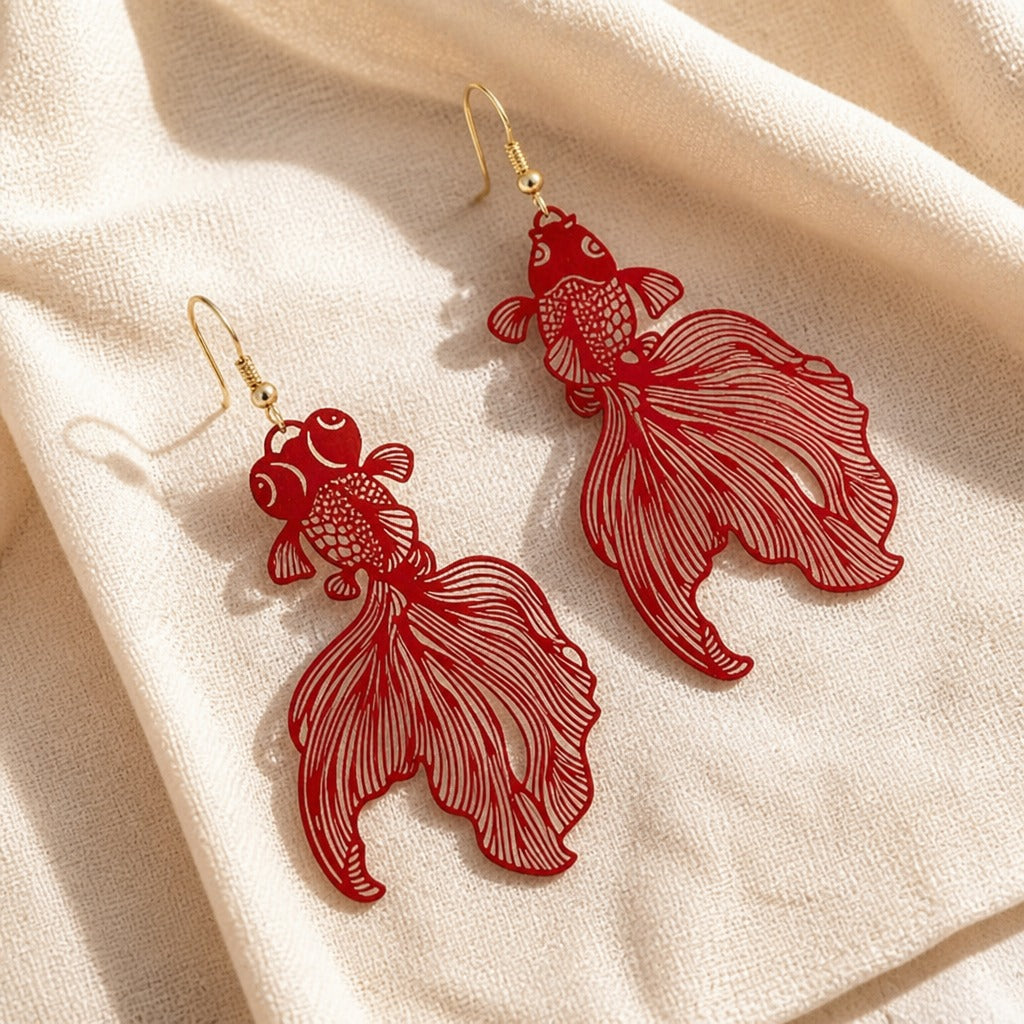 Koi Fish Charm Drop Earrings with Crescent Moon Detail — view 3