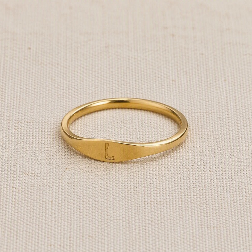 Personalized Initial Letter Signet Ring, Oval Band in Gold Tone — view 12