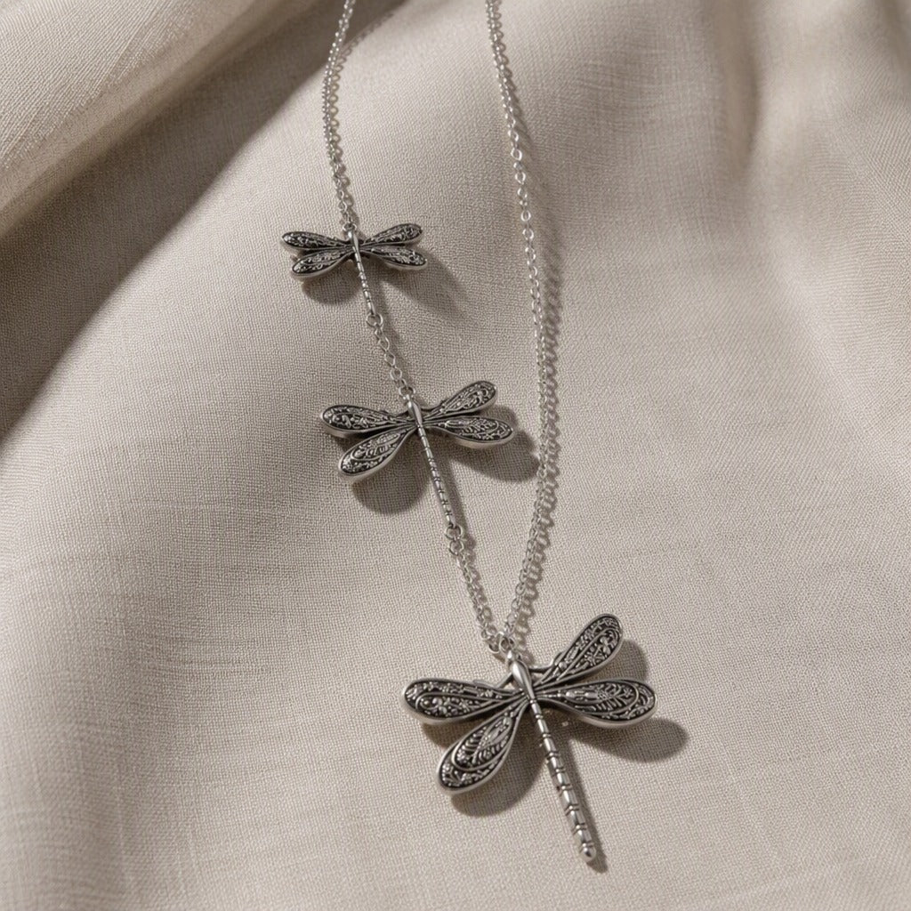 Dragonfly Pendant Necklace with Three Layered Silver-Tone Charms — view 2