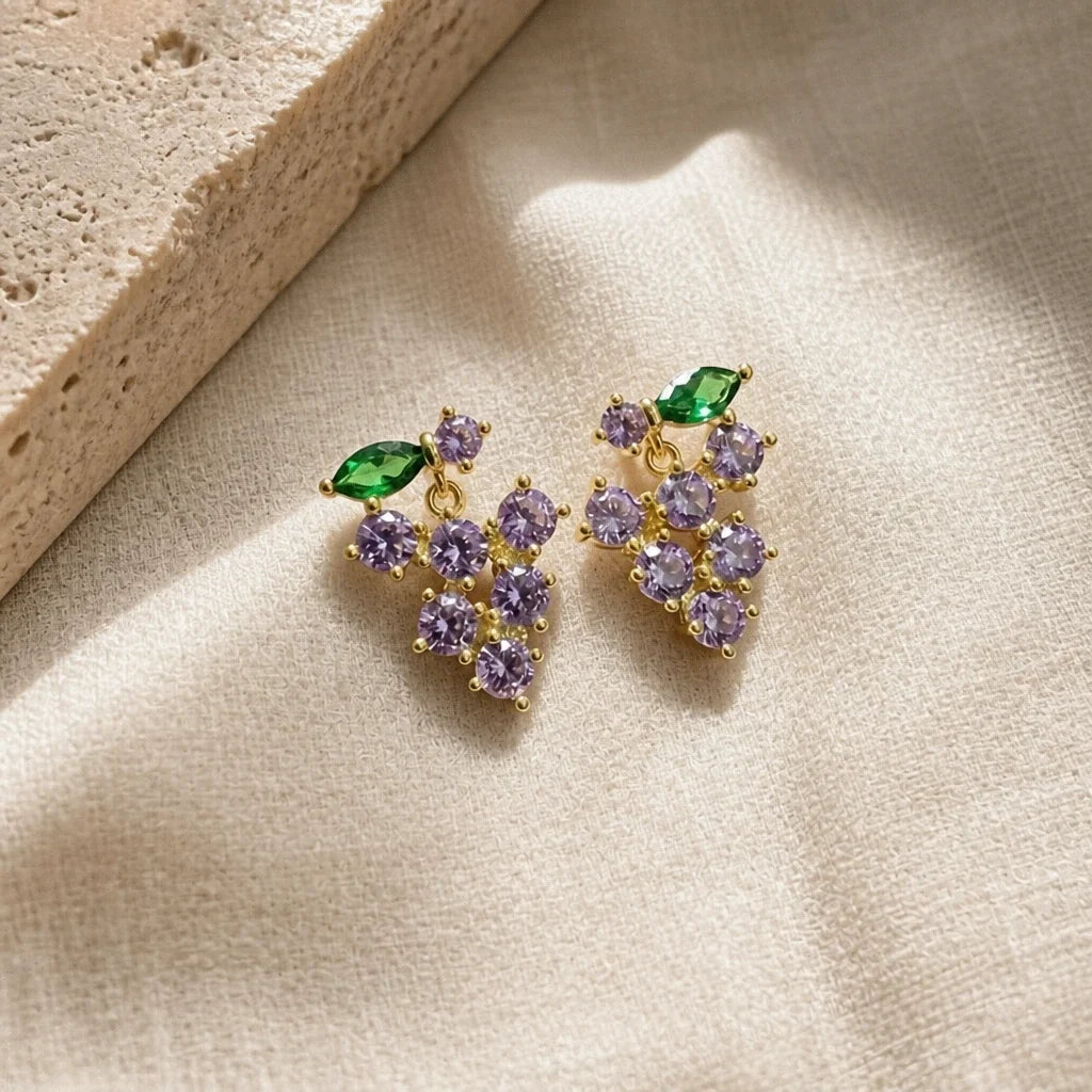 Amethyst Cluster Drop Earrings with Gold-Tone Leaf Accent