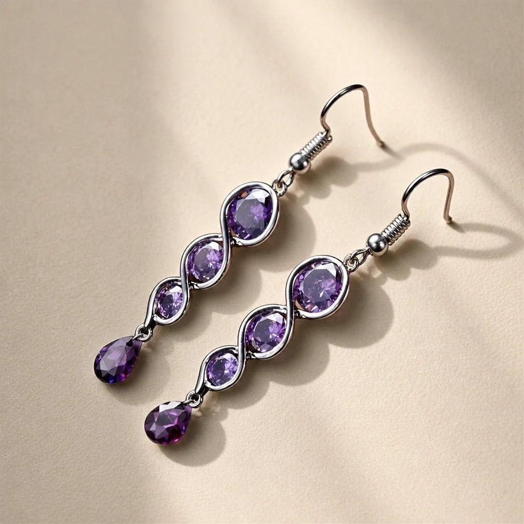 Teardrop Amethyst Drop Earrings with Linked Round Stones