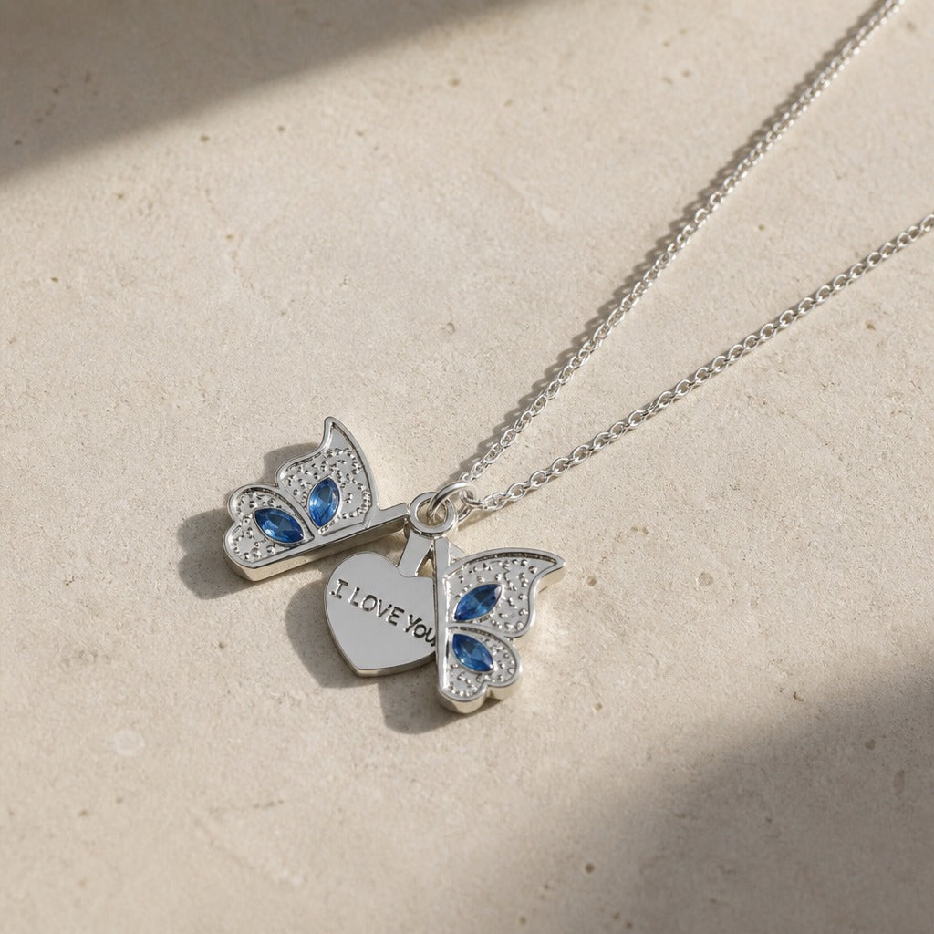 Butterfly Locket Pendant Necklace with Blue Stone Accents — view 2