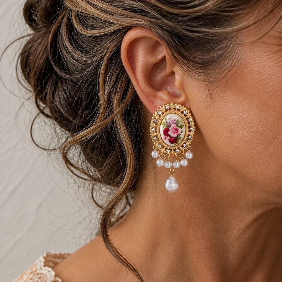 Floral Cameo Chandelier Drop Earrings with Pearl Beads and Crystal Accents — main image