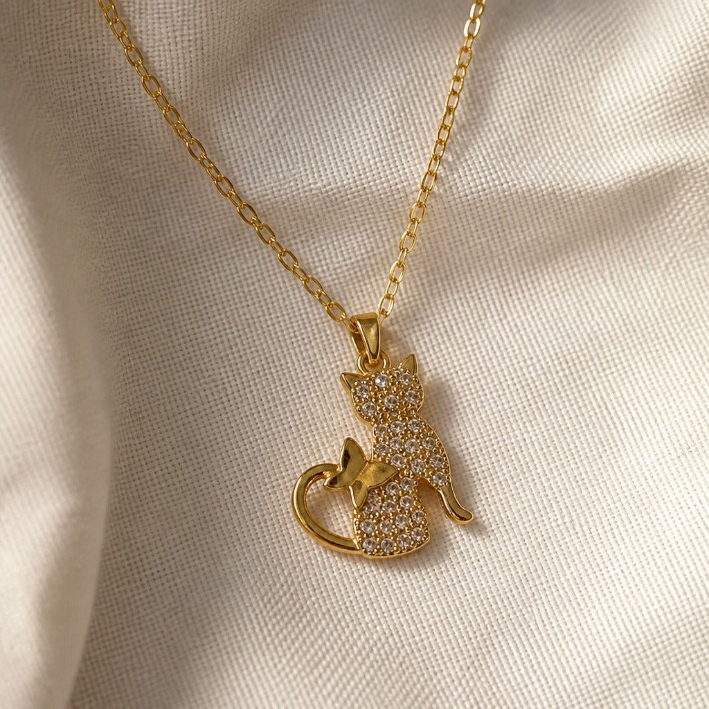 Cat Silhouette Crystal Pendant Necklace with Heart Cutout — view 2