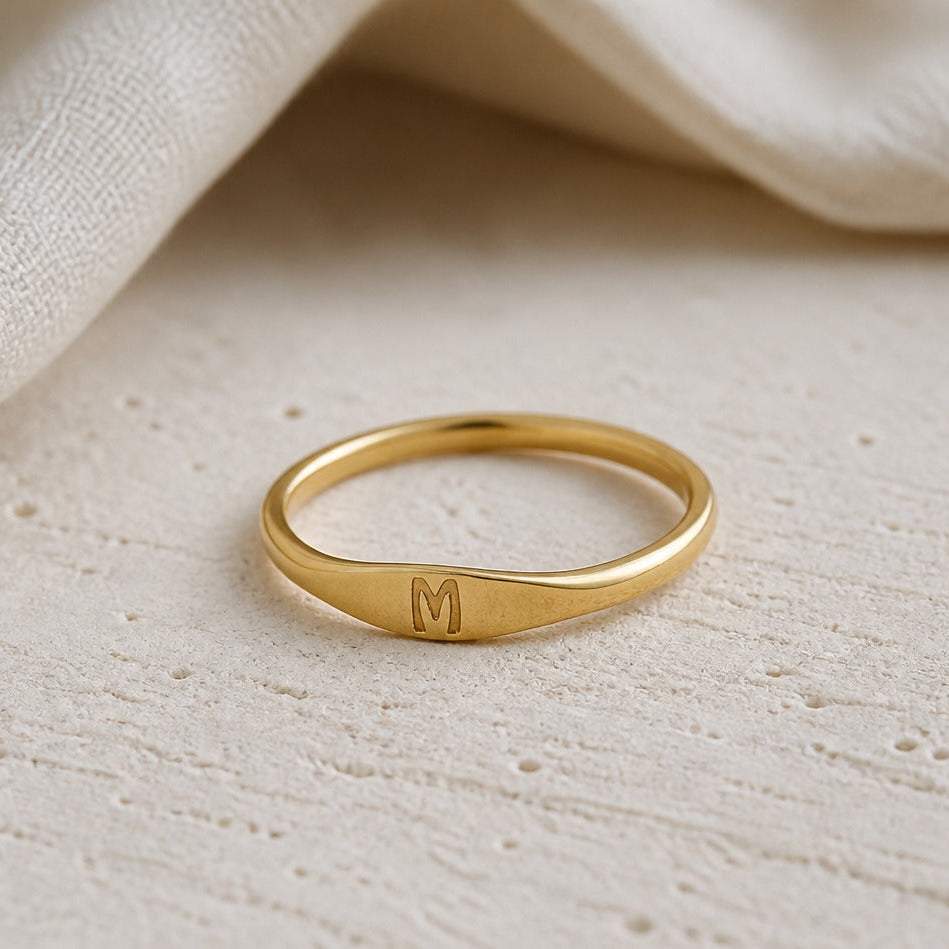 Personalized Initial Letter Signet Ring, Oval Band in Gold Tone — view 13