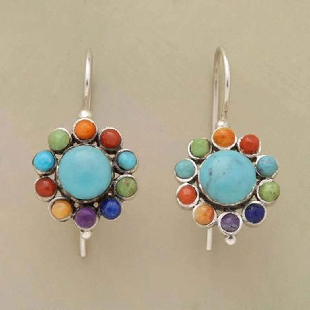 Mandala Turquoise Drop Earrings with Multicolor Gemstone Accents