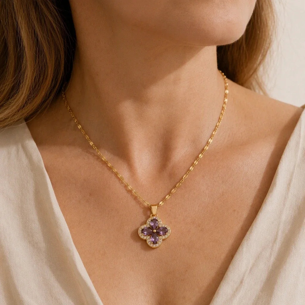 Four-Leaf Clover Amethyst Pendant Necklace with Halo Setting