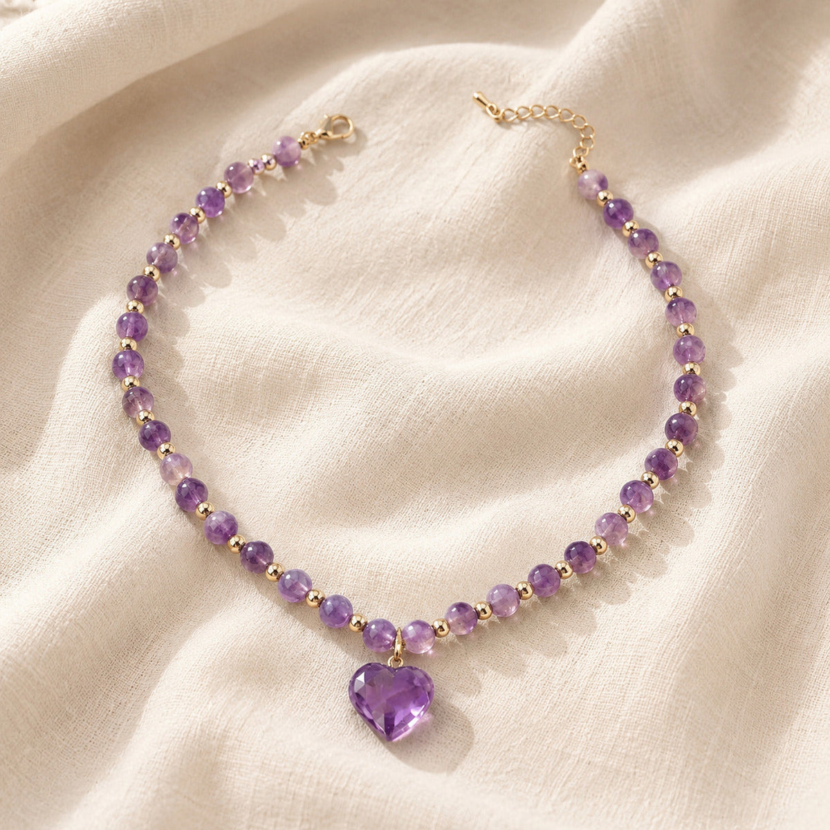 Heart-Shaped Amethyst Pendant Necklace with Faceted Beaded Strand