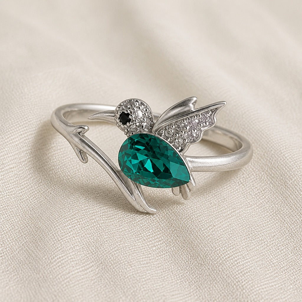 Hummingbird Ring with Teardrop Teal Crystal, Adjustable Silver-Tone Band — main image