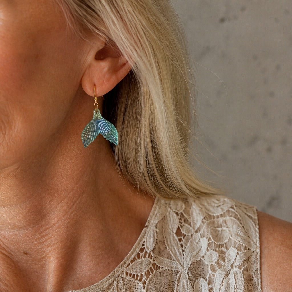 Mermaid Tail Seafoam Green Drop Earrings with Gold-Tone Wire — view 3