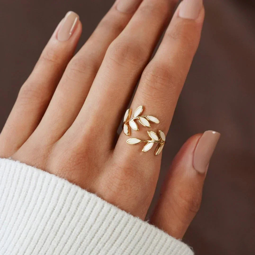 Multi-Leaf White Opal Adjustable Ring in Gold Tone — view 4