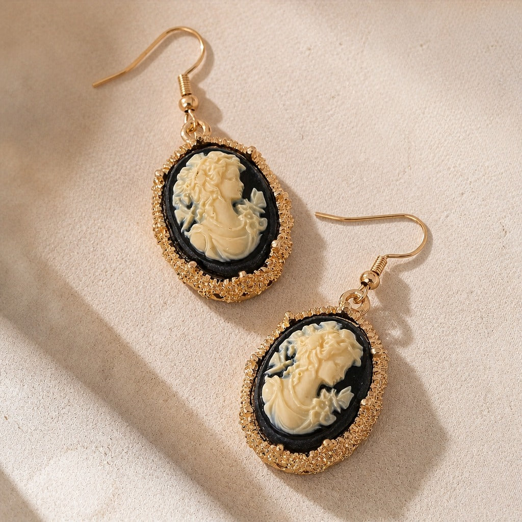 Oval Cameo Drop Earrings with Gold-Tone Filigree Bezel — main image