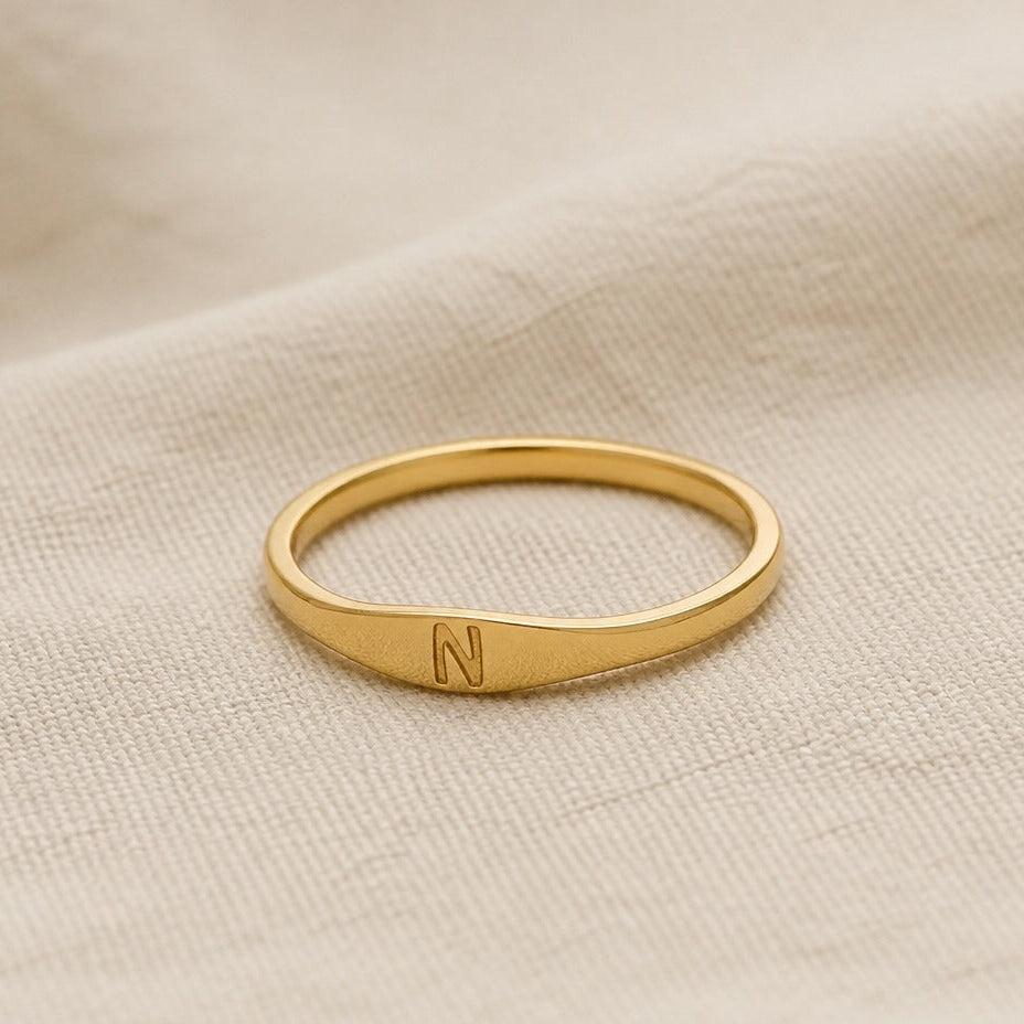 Personalized Initial Letter Signet Ring, Oval Band in Gold Tone — view 14