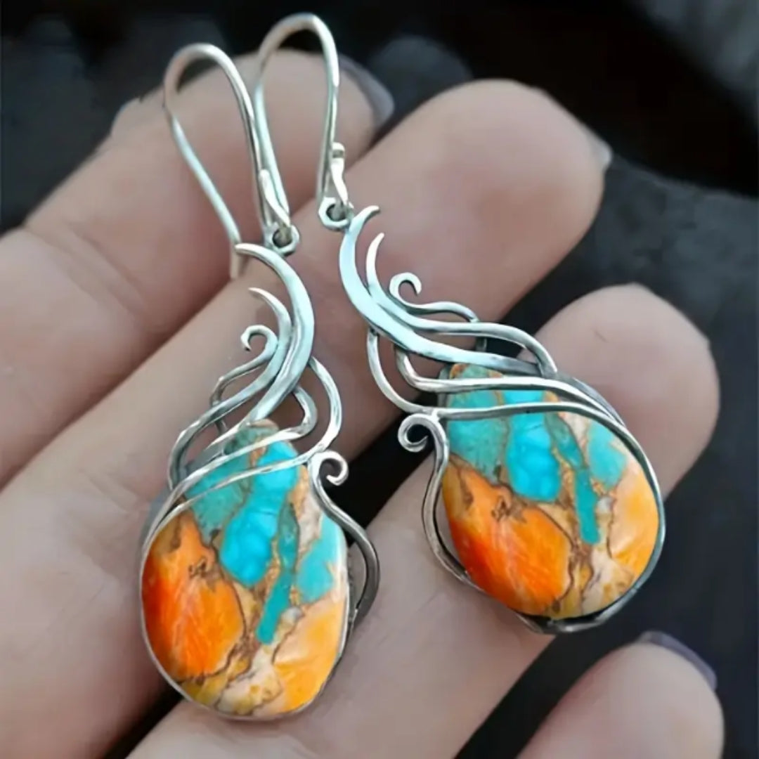 Teardrop Turquoise Earrings with Scrolled Silver-Tone Wire Wrap — main image