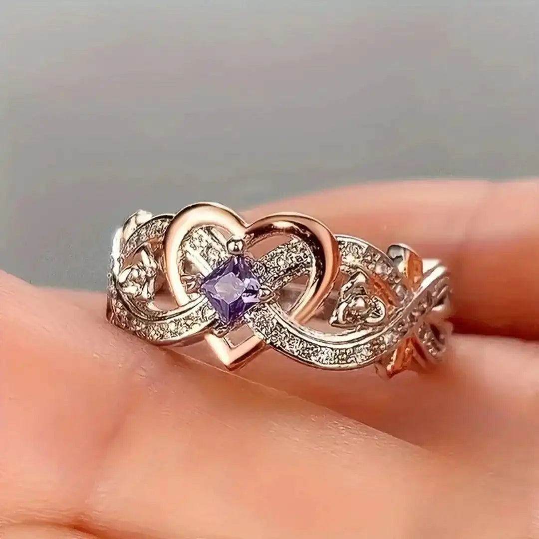 Heart-Shaped Violet Stone Ring with Two-Tone Gold and Silver Band — main image