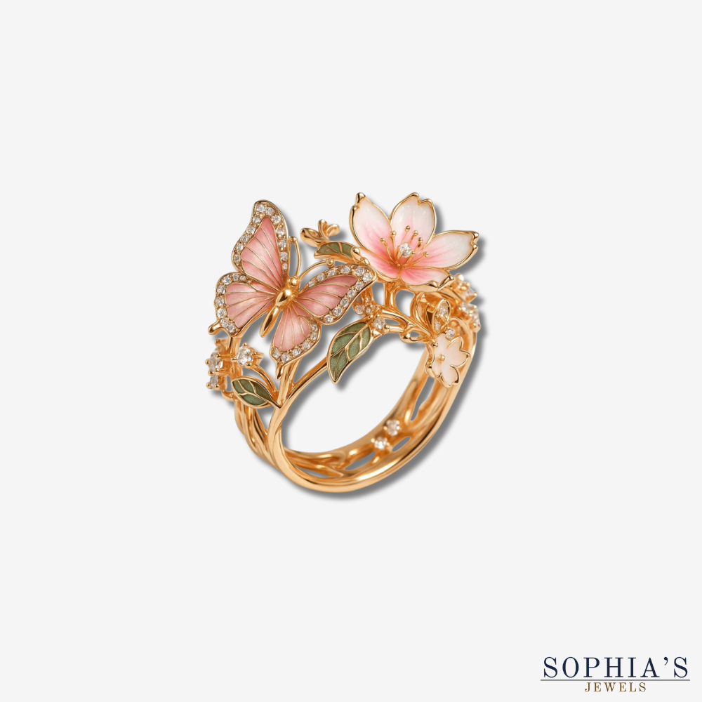 Butterfly Flower Zirconia Ring with Rose Gold-Tone Adjustable Band — view 7