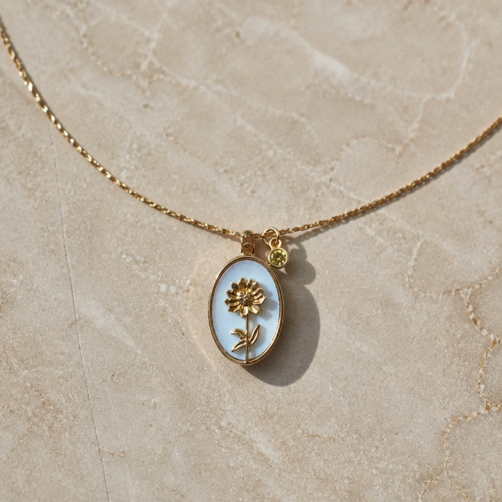 Oval Flower Pendant Necklace with Pearlescent Inlay and Birthstone Charm — view 12