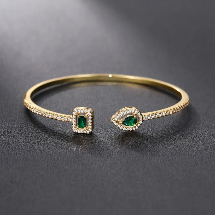 Dual Emerald Open Cuff Bracelet with Pavé Crystal Halo in Gold Tone — view 2