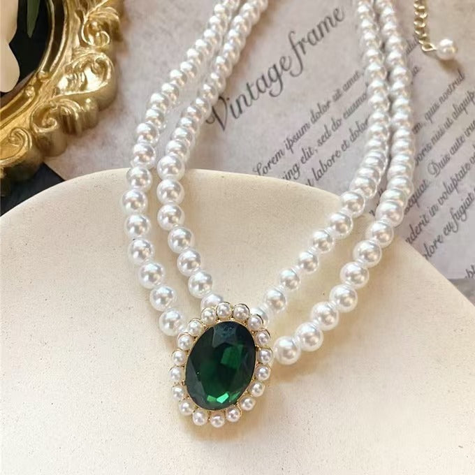 Emerald-Green Pearl Halo Jewelry Set – Necklace, Earrings & Pendant in Gold Tone — view 3