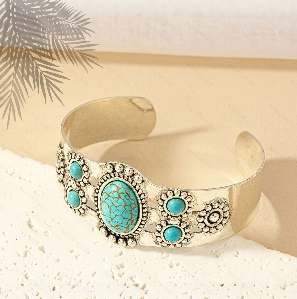Oval Turquoise Cuff Bracelet with Beaded Silver-Tone Detail