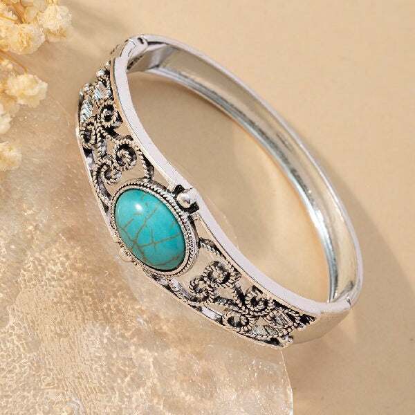 Turquoise Bangle Bracelet with Ornate Filigree Detail in Silver Tone