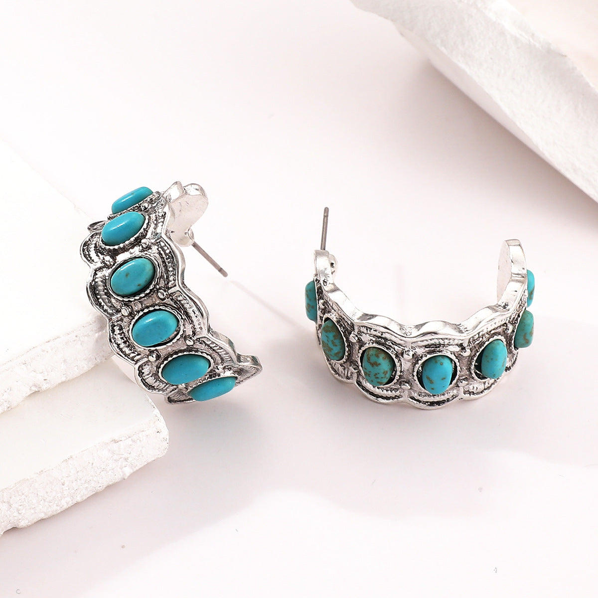 Turquoise Hoop Earrings with Oxidized Silver Band