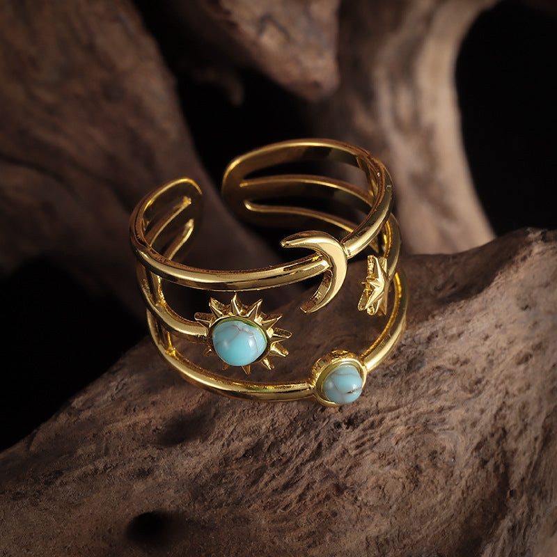 Sun and Moon Turquoise Cuff Ring, Adjustable Open Band