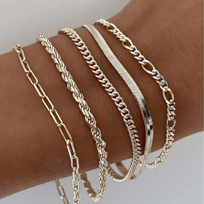 5-Piece Layered Bracelet Set with Paperclip, Curb, and Figaro Chains — main image