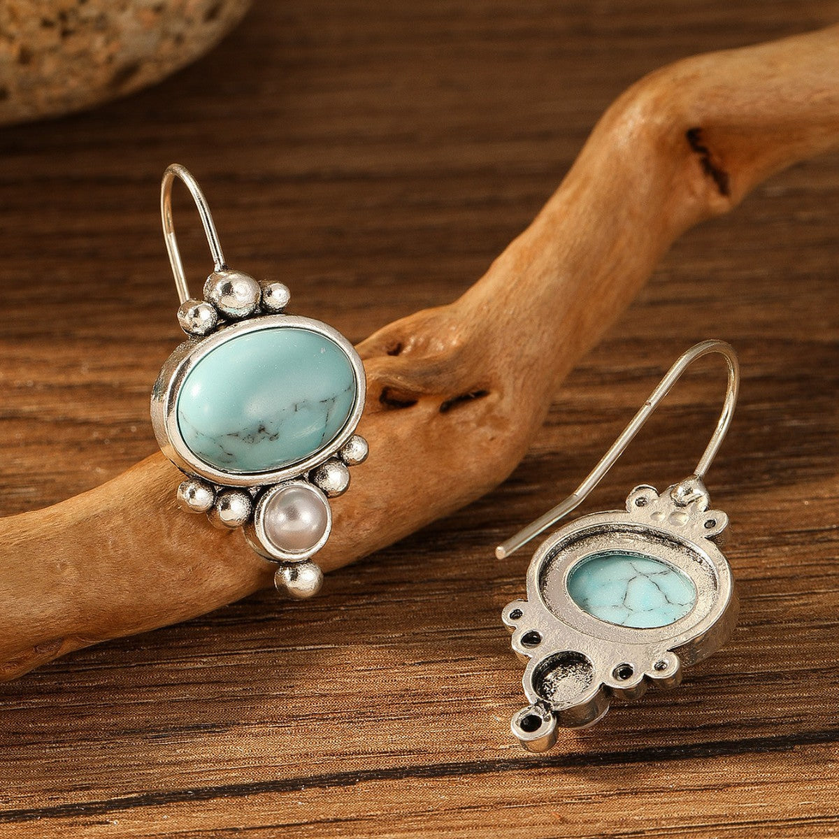 Turquoise & Pearl Drop Earrings with Silver-Tone Bead Accents