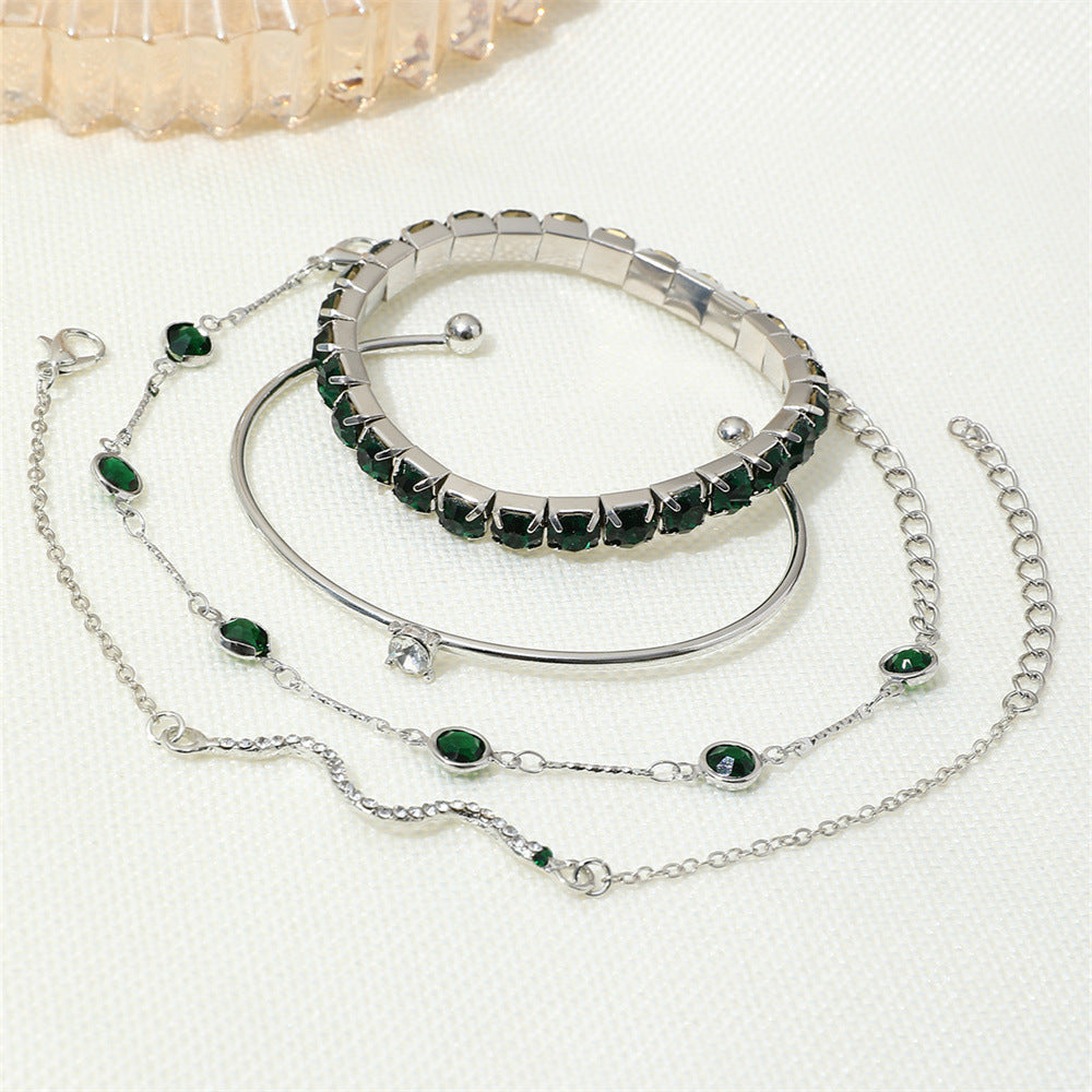 Emerald Stone Bracelet Set in Silver Tone – 4-Piece Stackable Cuffs & Bangles