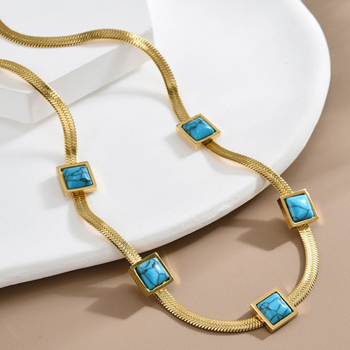 Turquoise Square Station Necklace with Gold-Tone Snake Chain