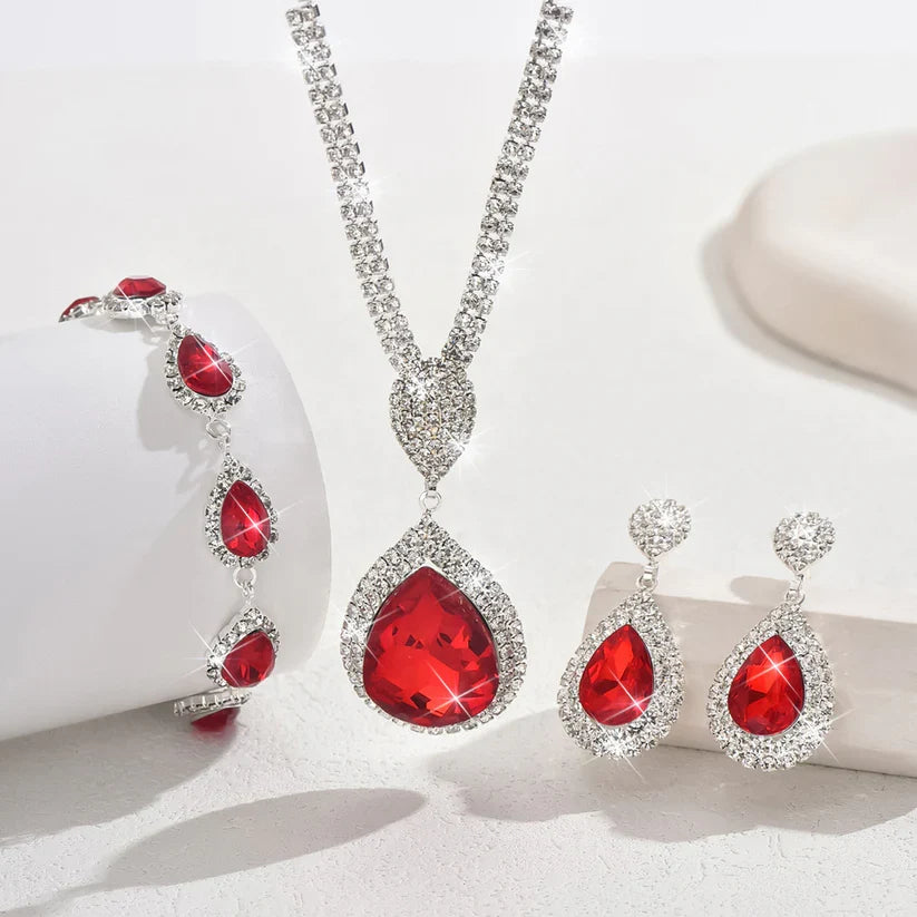 Teardrop Red Stone Jewelry Set with Halo Rhinestones – Necklace, Earrings & Bracelet — main image