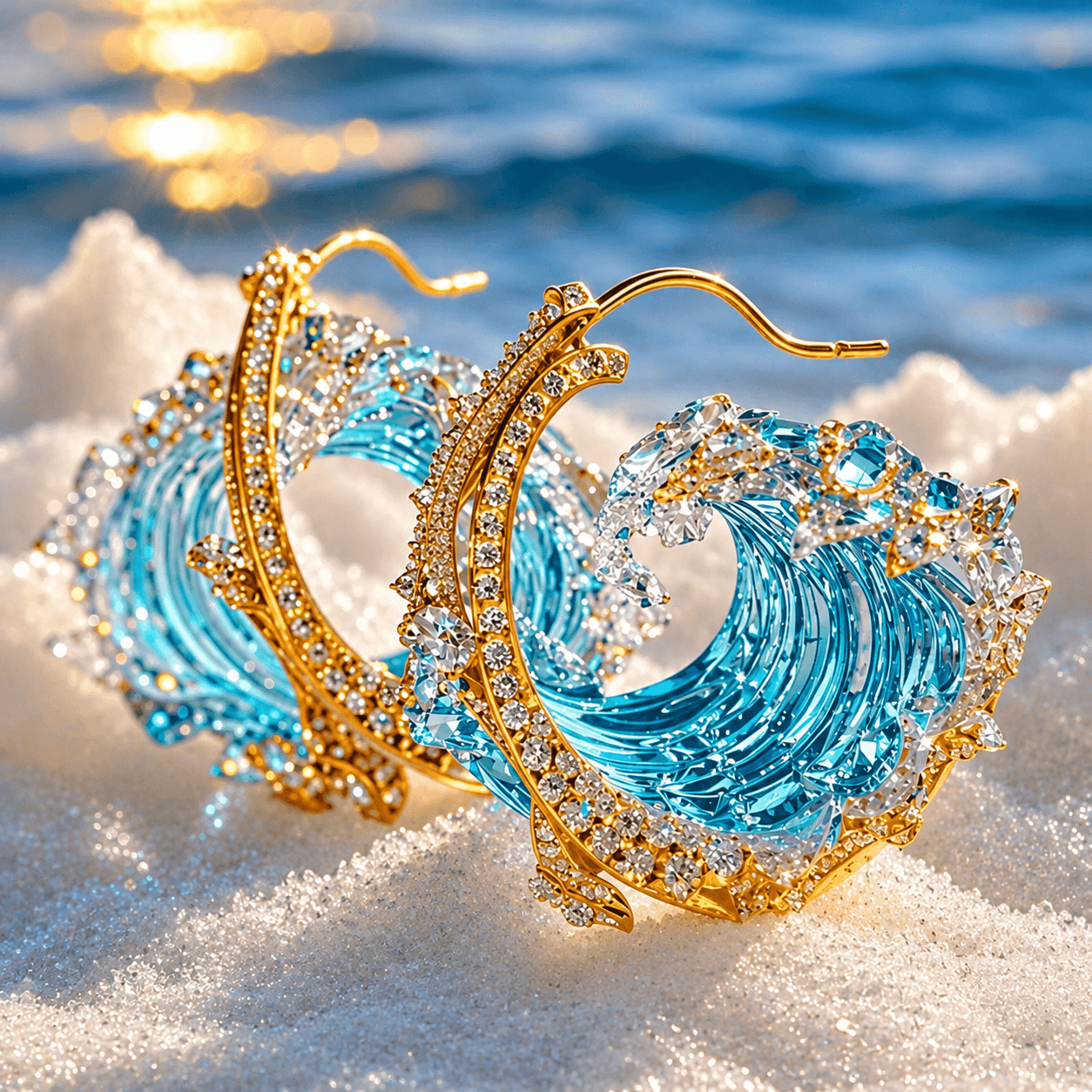 Crescent Hoop Earrings with Blue Teardrop Stones and Crystal Accents