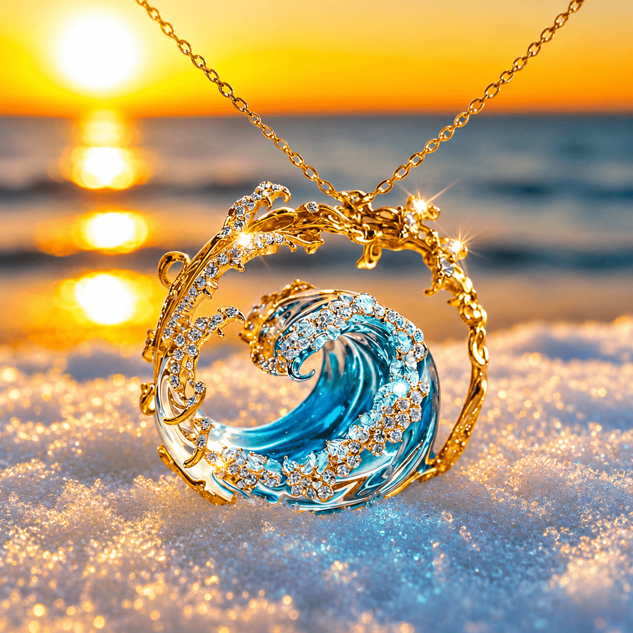 Ocean Wave Blue Crystal Pendant Necklace with Gold-Tone Frame