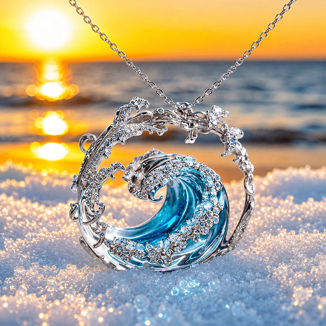 Ornate Wave Pendant Necklace with Blue Stone and Crystal Accents