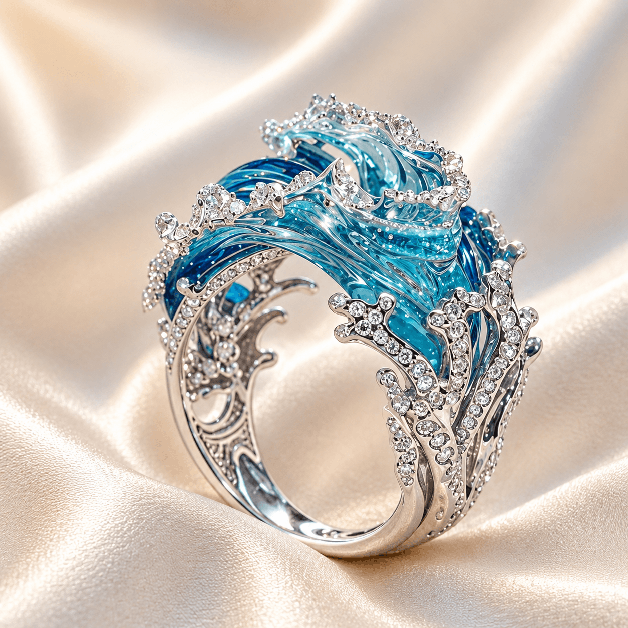Heart-Shaped Blue Stone Statement Ring with Wave-Inspired Design