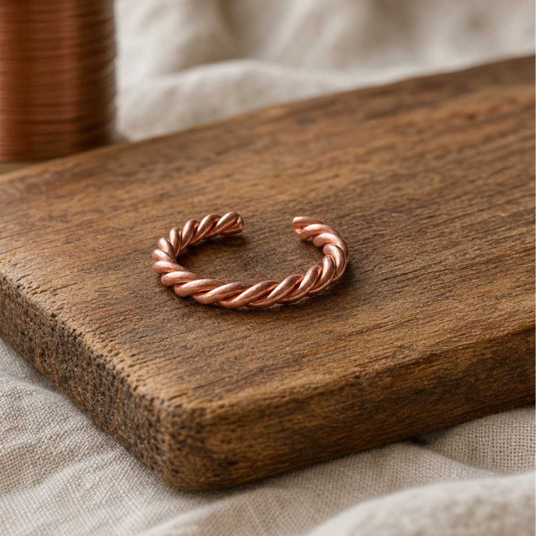Twisted Copper Cuff Bracelet, Rose-Copper Tone, 99.9% Pure Copper, Adjustable Open Cuff — Handmade Wrist Jewelry — main image
